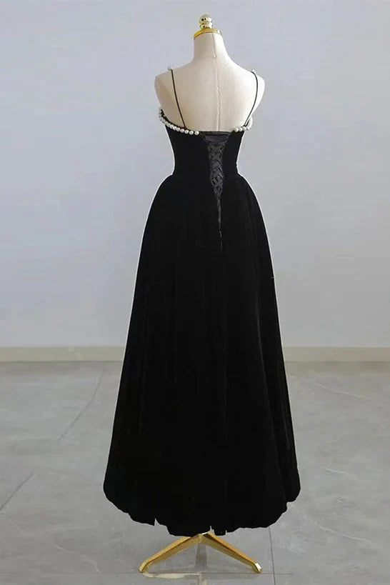 Black Tea Legnth Straps A-line Wedding Party Dress