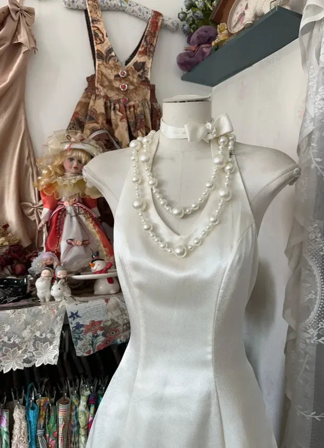 Timeless A-Line Halter Sleeveless Bow White Maxi Prom Dress for Women Custom