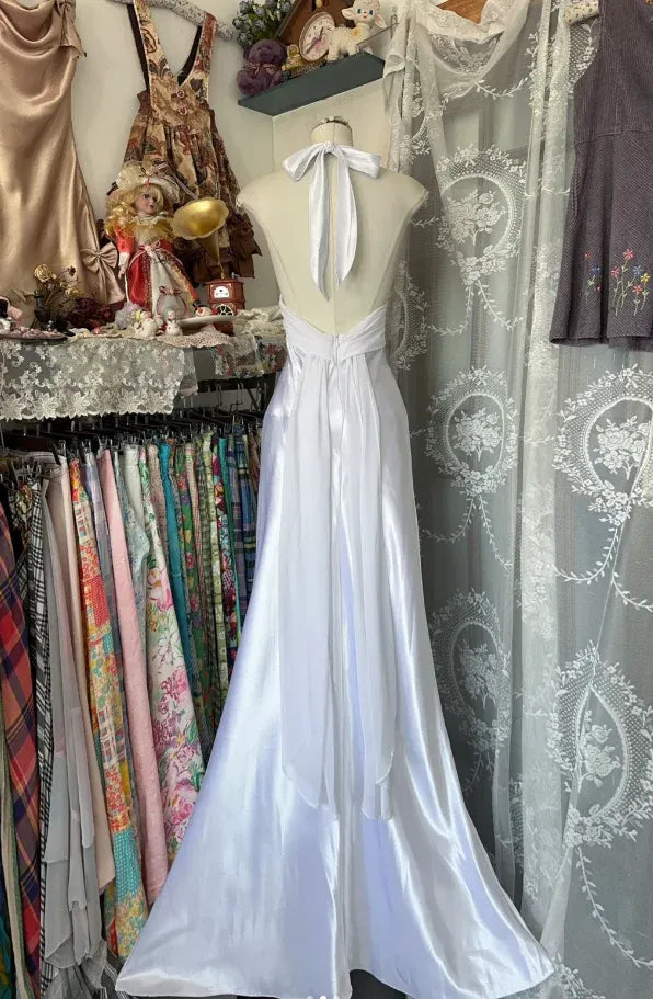 Timeless Mermaid Halter Pleated Beaded Satin White Train Prom Dress