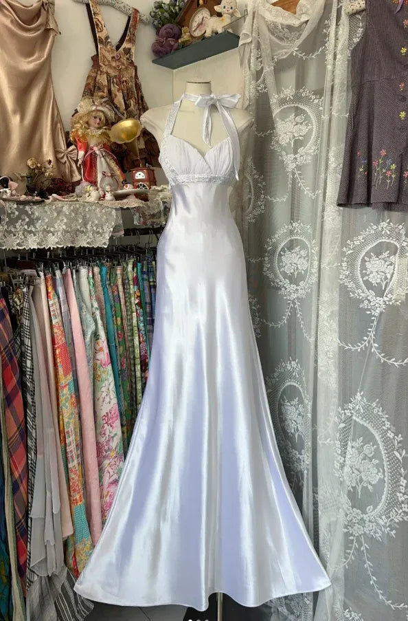 Timeless Mermaid Halter Pleated Beaded Satin White Train Prom Dress