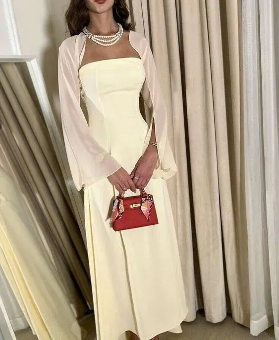 Timeless Satin Midi Evening Dress Cream Strapless Sheer-Cape for Women