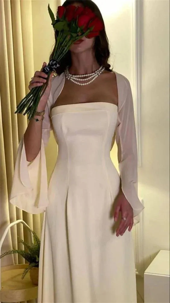 Timeless Satin Midi Evening Dress Cream Strapless Sheer-Cape for Women