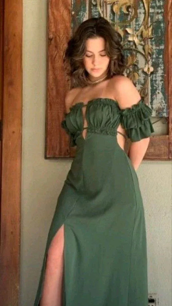Trendy A-line Off-the-Shoulder Ruffle-Accented Olive Midi Prom Dress for Women for sale