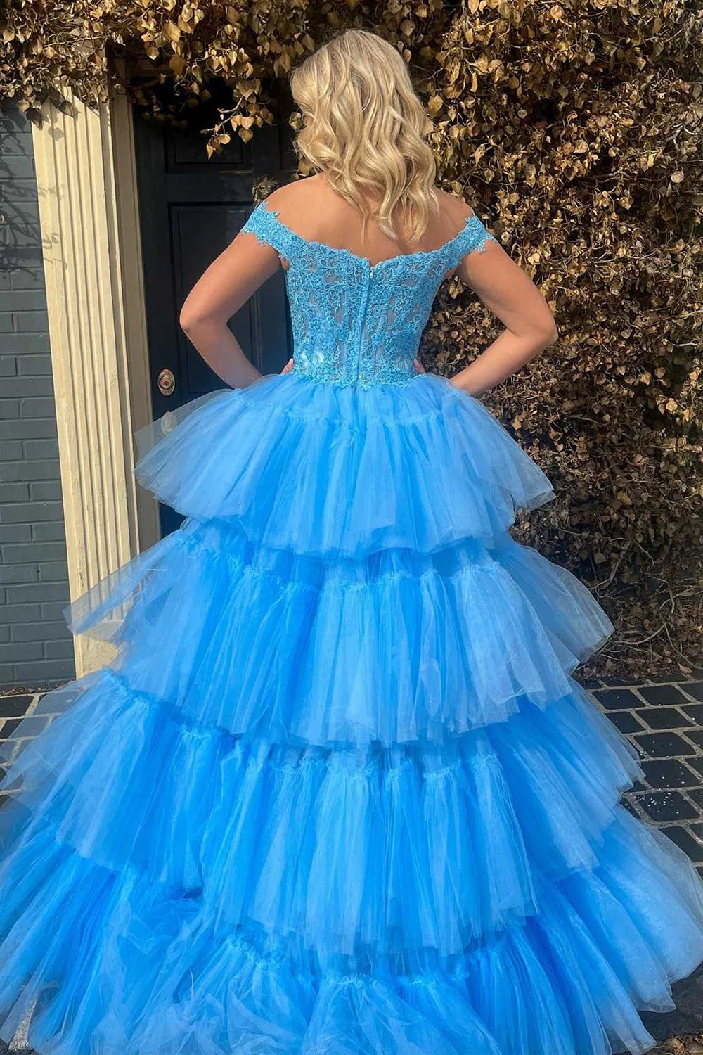 Trendy A Line Off Shoulder Appliques Corset High Low Blue Prom Dress