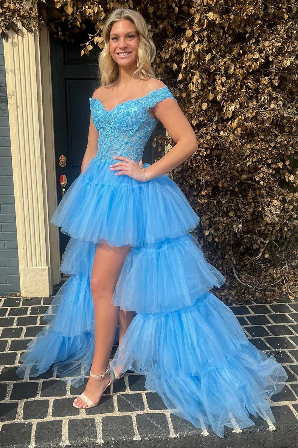 Trendy A Line Off Shoulder Appliques Corset High Low Blue Prom Dress