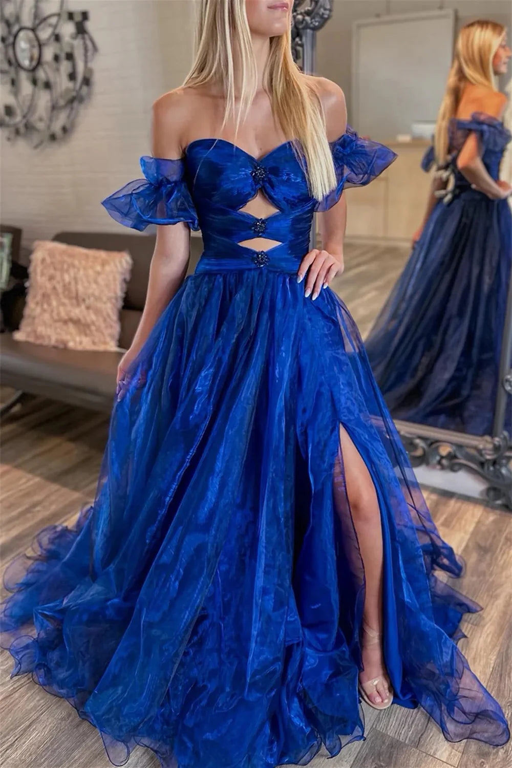 Trendy A Line Off the Shoulder Beaded Keyhole Royal Blue Prom Dress