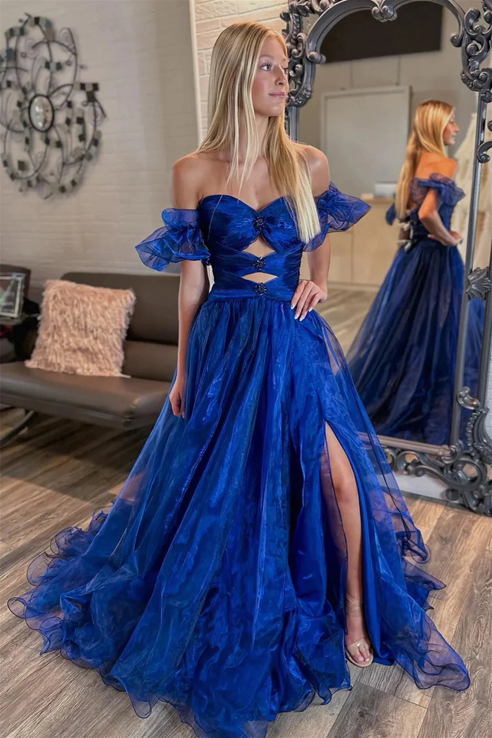 Trendy A Line Off the Shoulder Beaded Keyhole Royal Blue Prom Dress