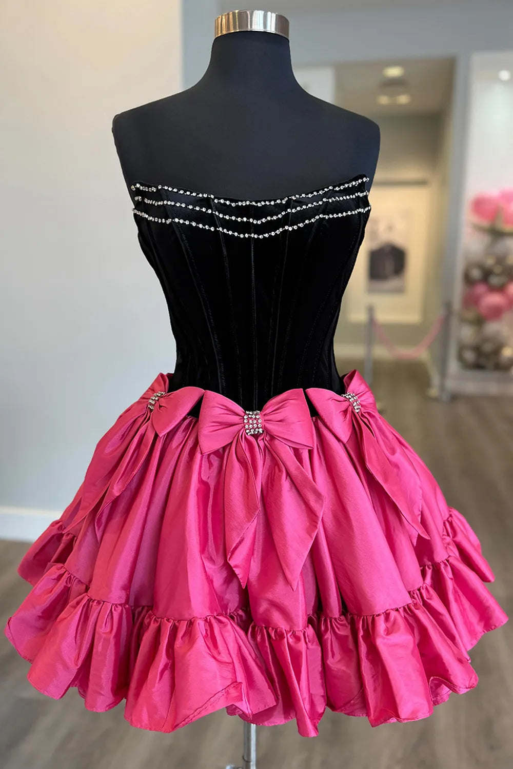 Trendy A Line Strapless Beaded Black Pink Short Homecoming Dress With Bow