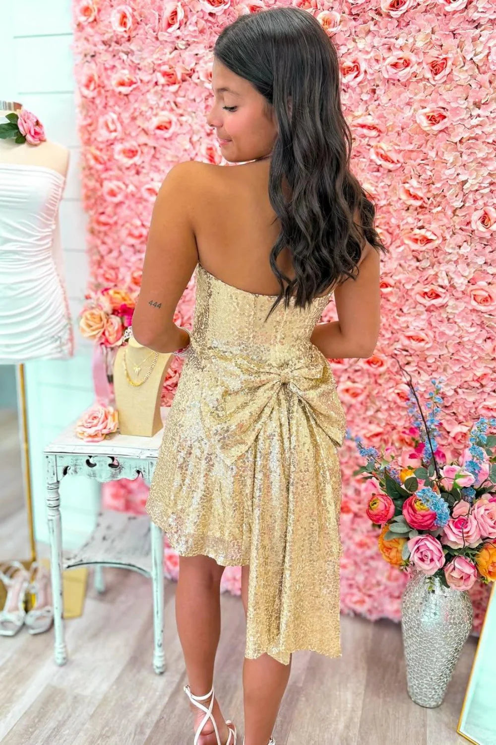 Trendy A Line Strapless Sequins Gold Short Homecoming Dress With Back Bow