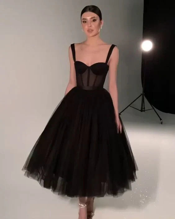 Trendy A Line Wide Straps Sleeveless Lace-up Tea Length Prom Dress