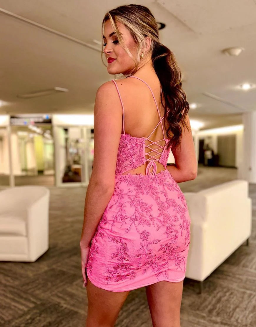 Trendy Double Straps Lace Up Hot Pink Homecoming Dress With Appliques