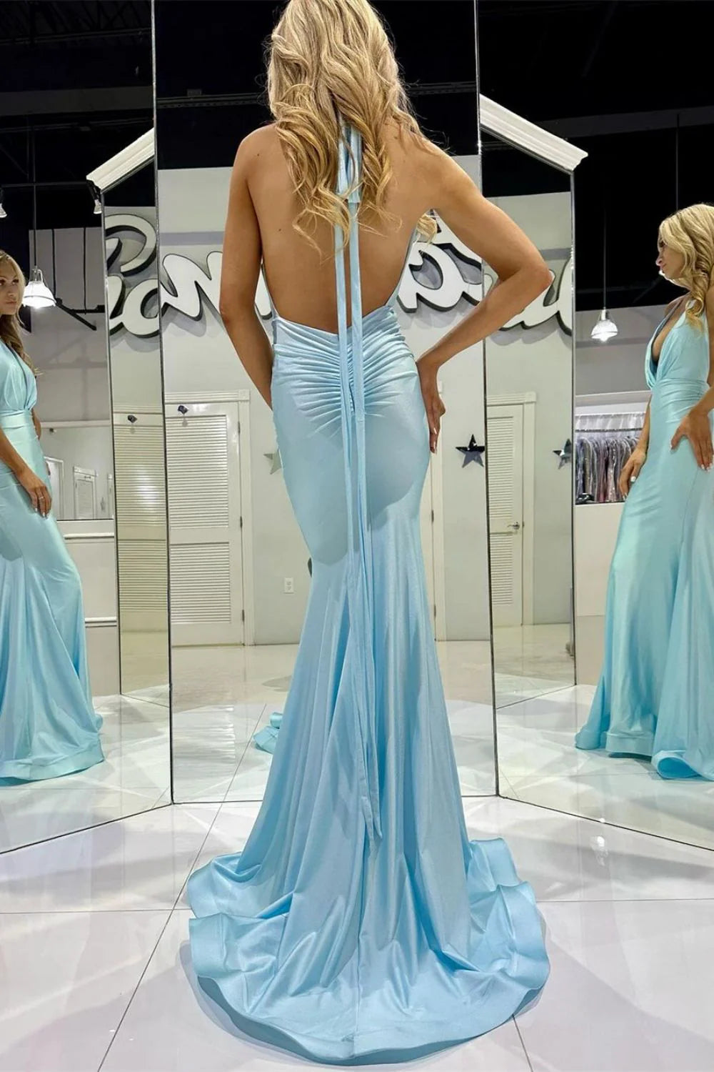 Trendy Mermaid Halter Deep V Neck Backless Satin Blue Prom Dress
