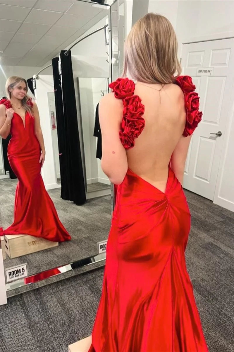Trendy Mermaid Sweetheart 3D Flowers Navy Blue Evening Dress With Train