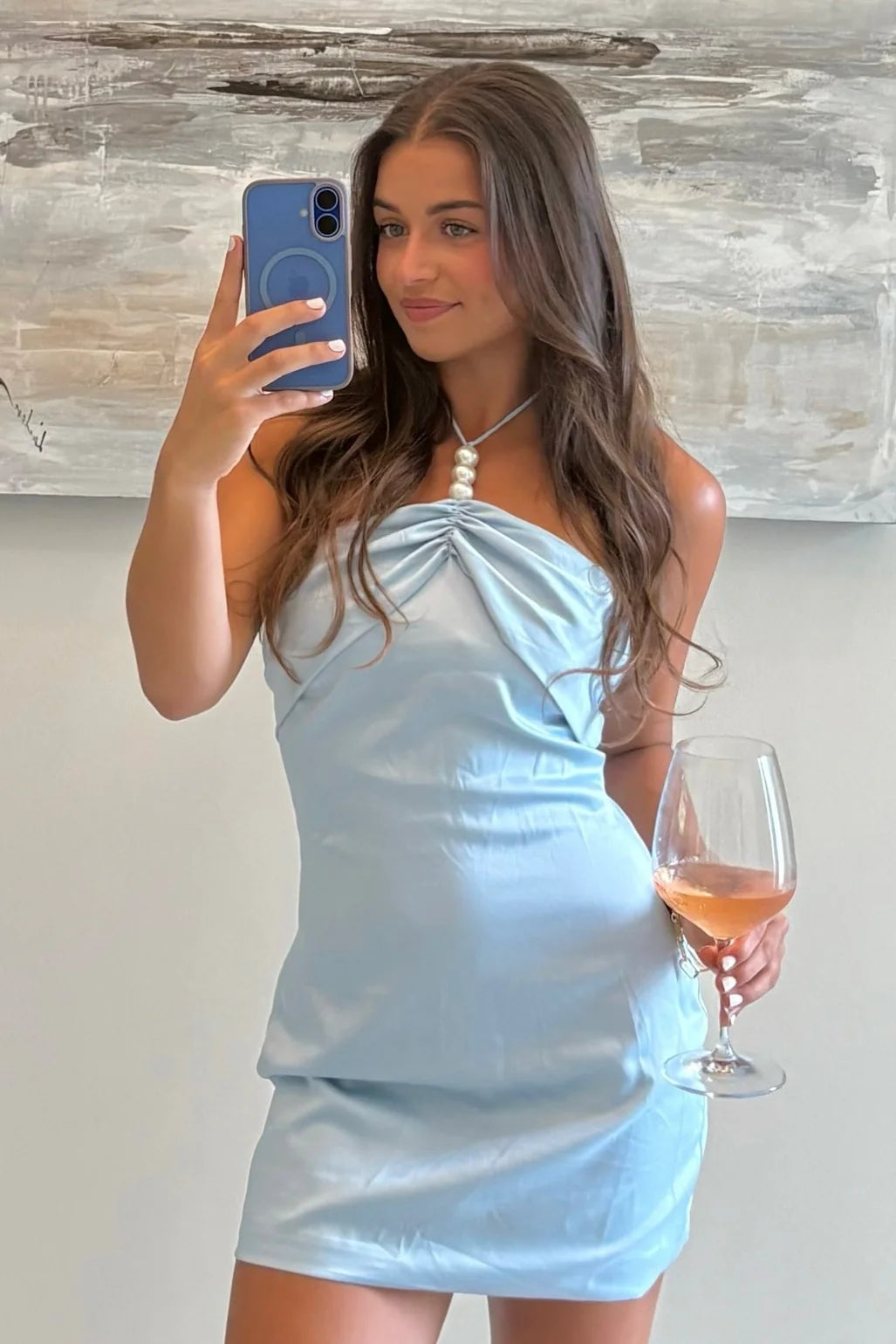 Trendy Sheath Halter Neck Sleeveless Pearls Light Blue Short Homecoming Dress