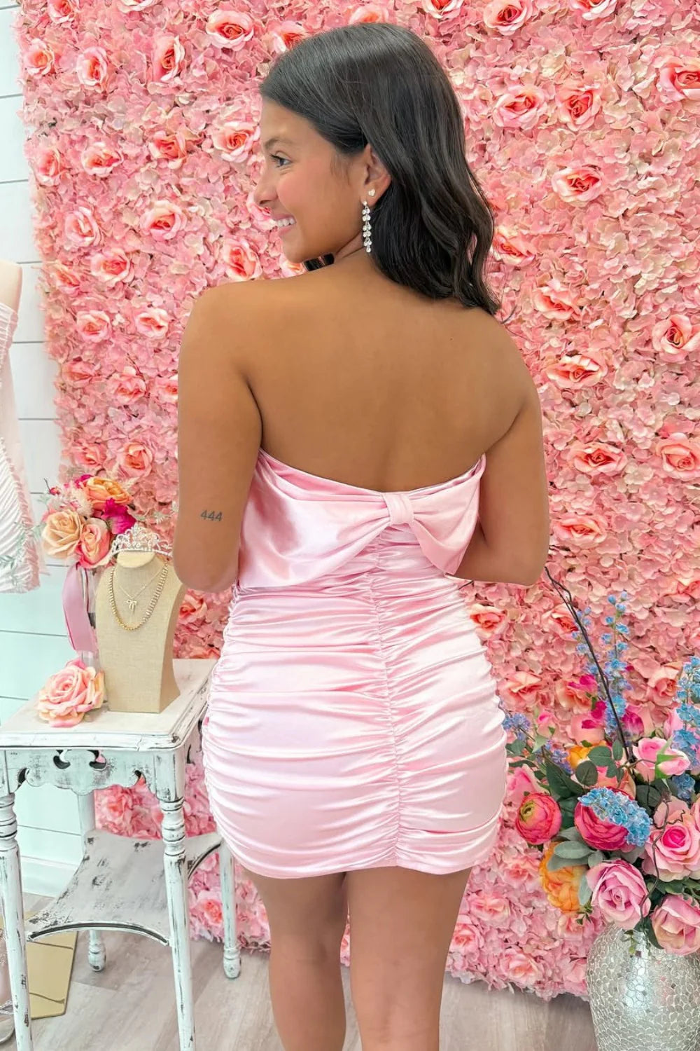 Trendy Sheath Strapless Pleated Pink Short Homecoming Dress With Back Bow