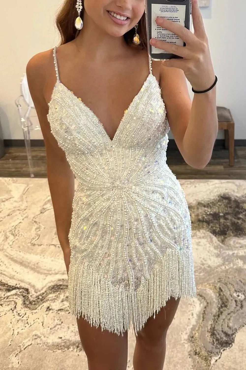 Trendy Spaghetti Straps Beaded Sequins White Homecoming Dress With Tassel