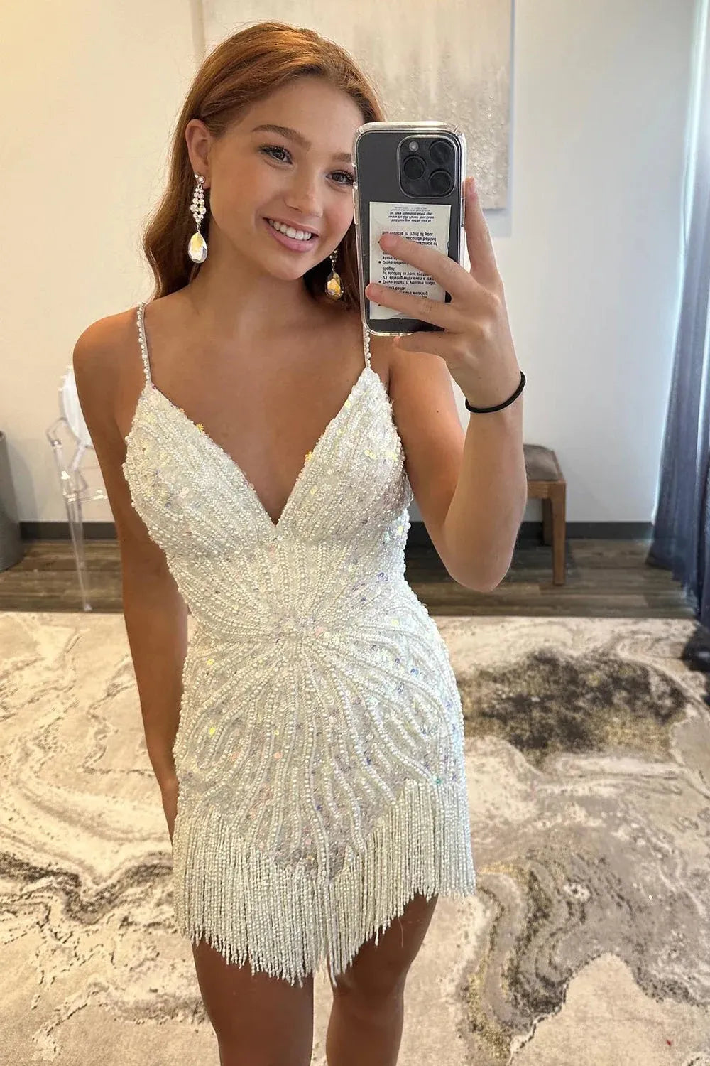 Trendy Spaghetti Straps Beaded Sequins White Homecoming Dress With Tassel