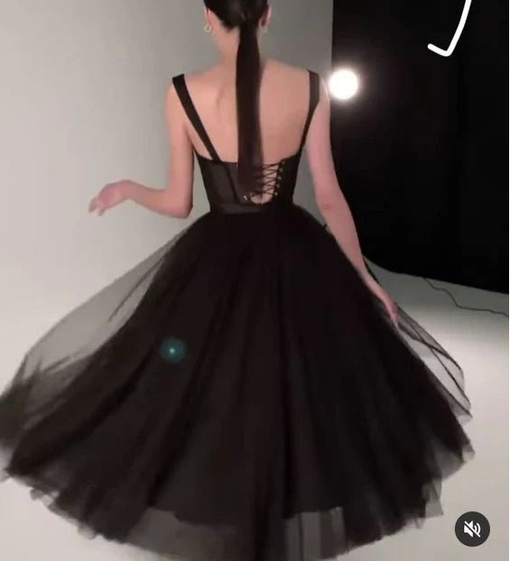 Trendy A Line Wide Straps Sleeveless Lace-up Tea Length Prom Dress