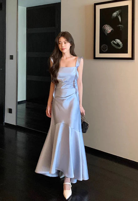 Trumpet Spaghetti Strap Satin Blue Long Evening Dress Graduation Dress