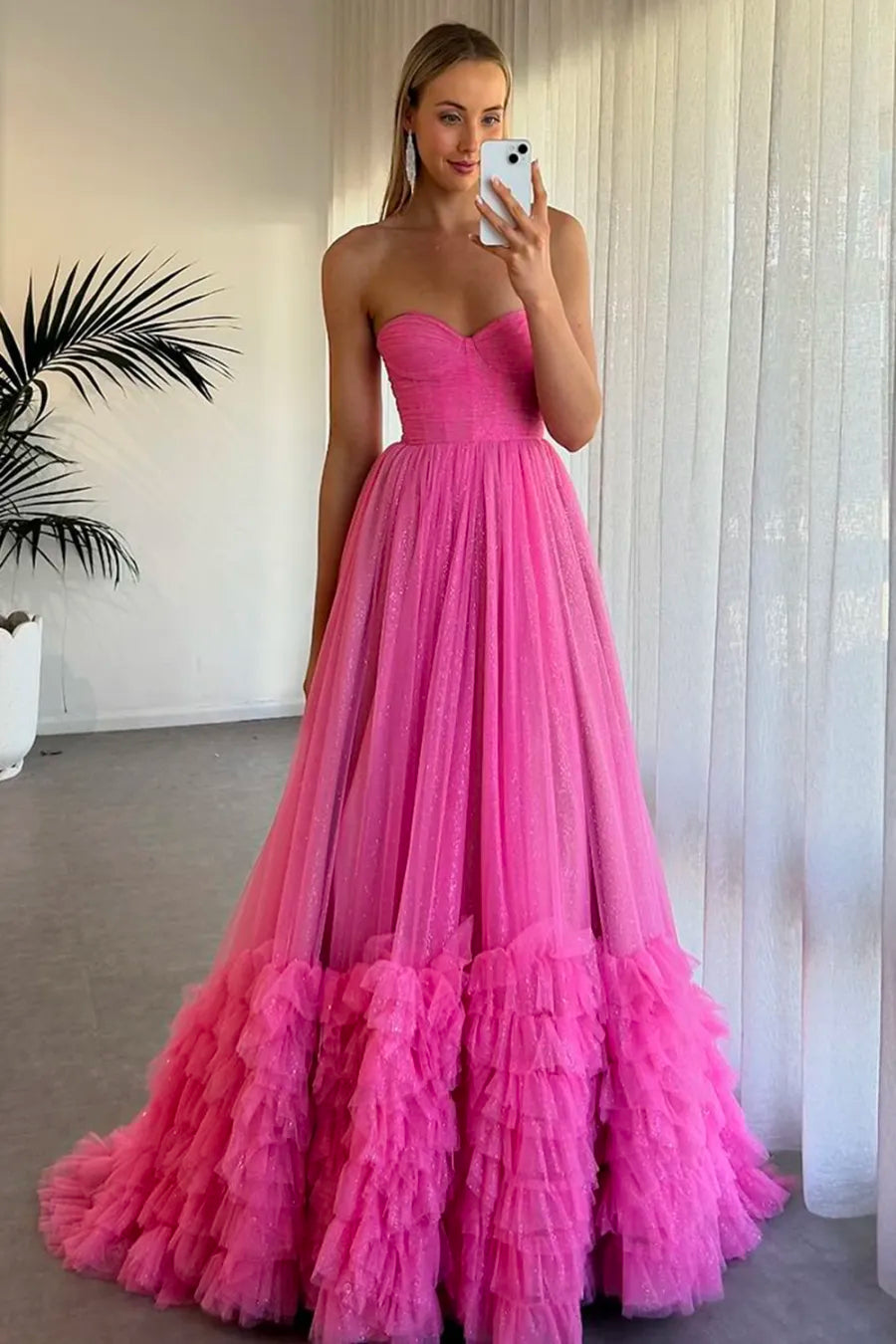 Formal Wear Dresses Fuchsia Sweetheart Tulle A-Line Ruffled Long Corset Prom Dress with Slit