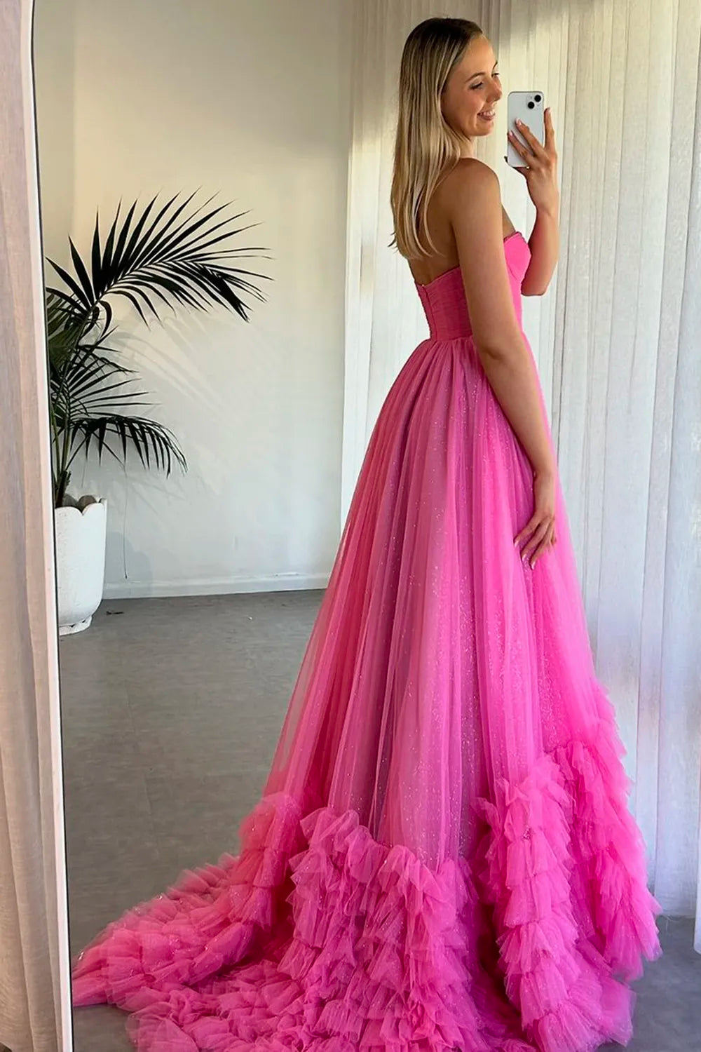 Formal Wear Dresses Fuchsia Sweetheart Tulle A-Line Ruffled Long Corset Prom Dress with Slit