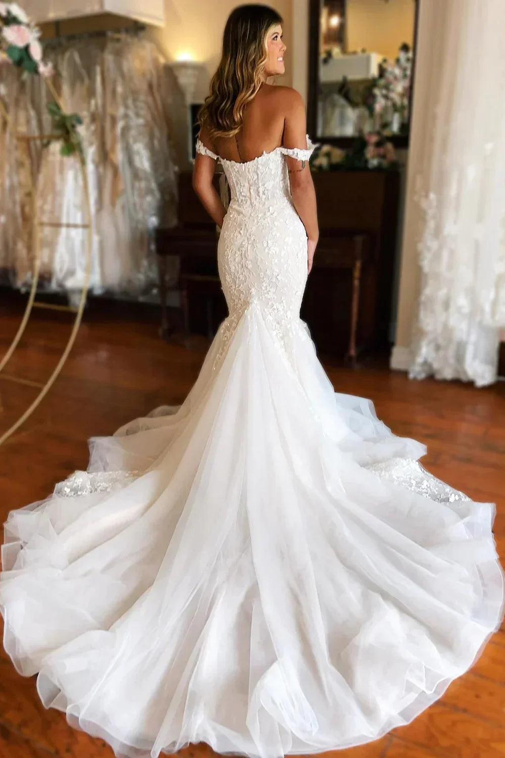 White Off-The-Shoulder Mermaid Tulle Prom Wedding Dress Formal Women's Dresses