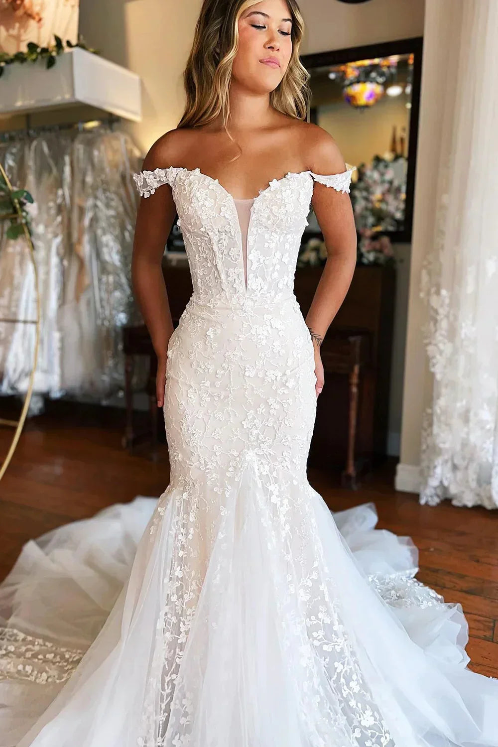 White Off-The-Shoulder Mermaid Tulle Prom Wedding Dress Formal Women's Dresses