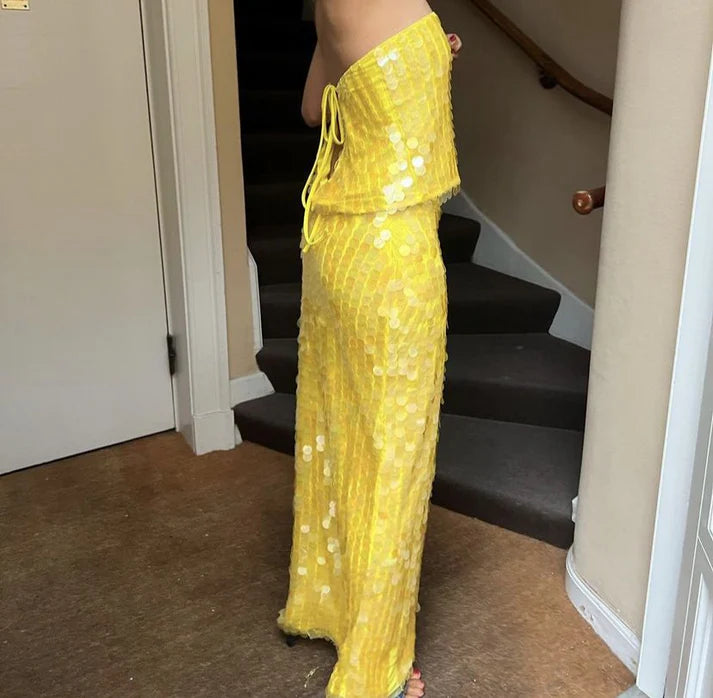 Two-Piece Halter Sequins Yellow Long Seaside Holiday Travel Party Dress