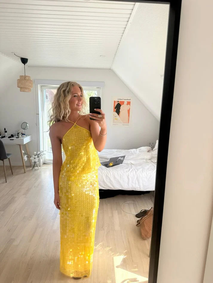 Two-Piece Halter Sequins Yellow Long Seaside Holiday Travel Party Dress