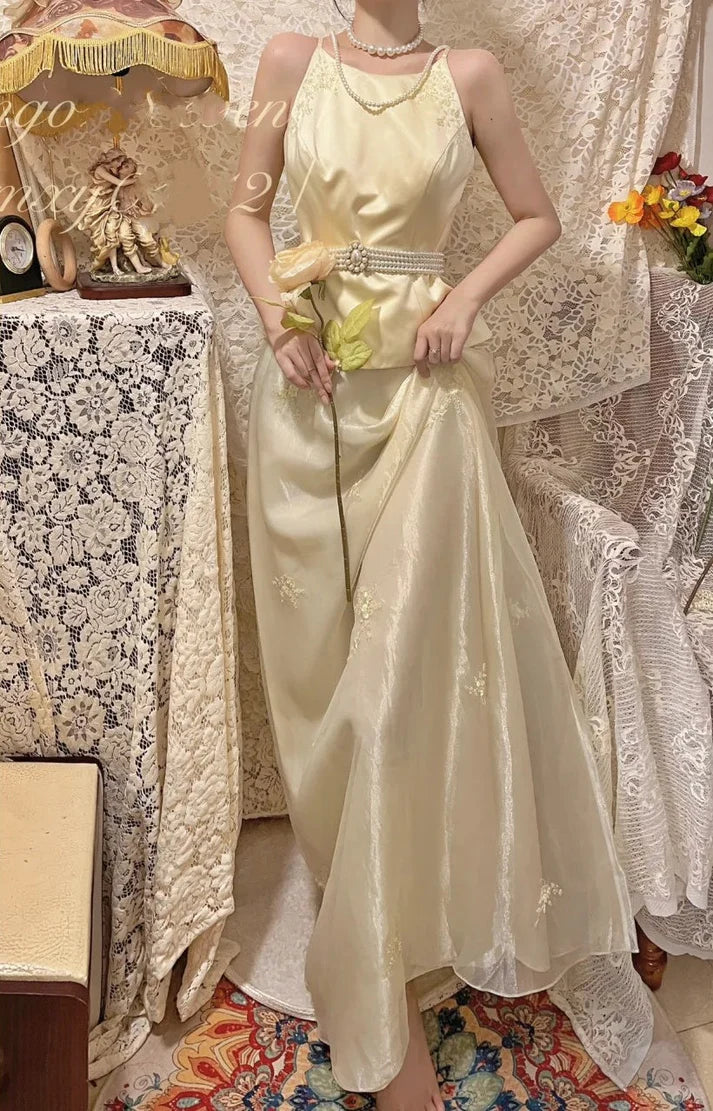 Two-Piece Sheath Spaghetti Straps Beaded Floral Yellow Long Party Dress