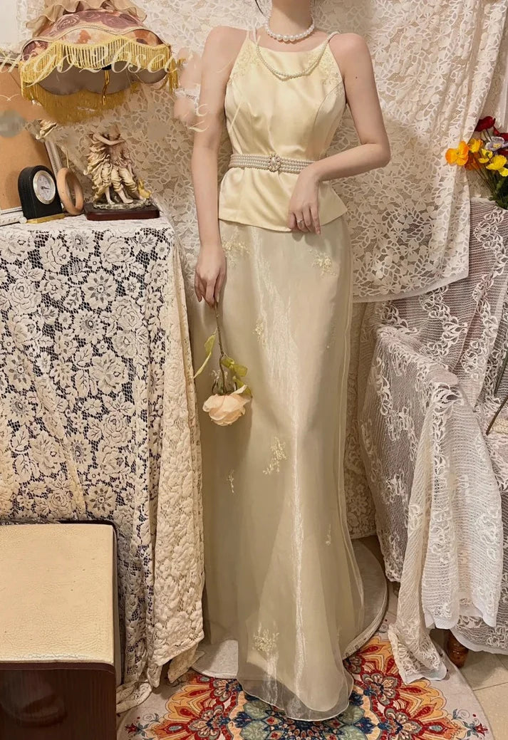 Two-Piece Sheath Spaghetti Straps Beaded Floral Yellow Long Party Dress