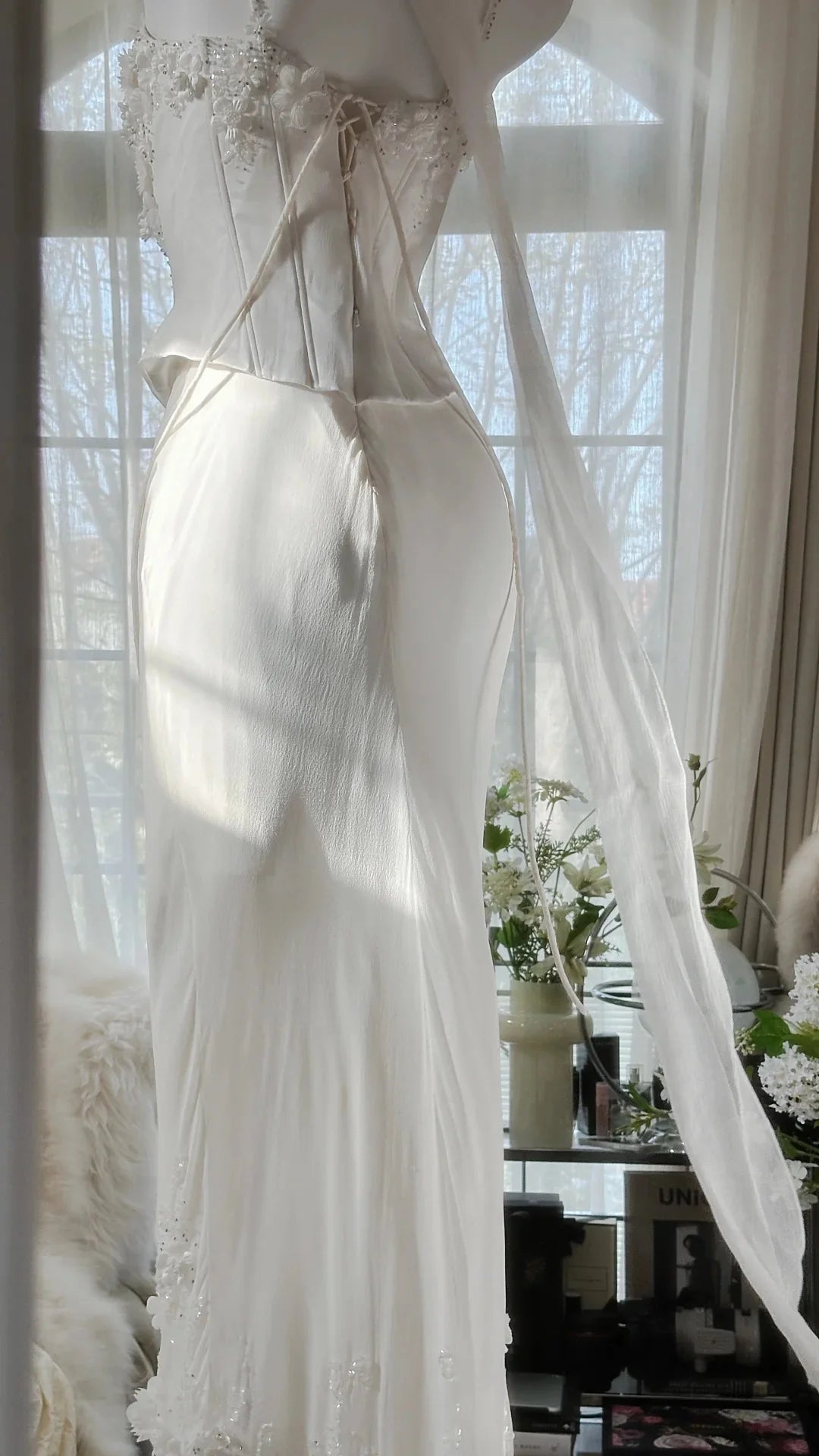 Two-Piece Spaghetti Straps Applique White Evening Dress Prom Dress
