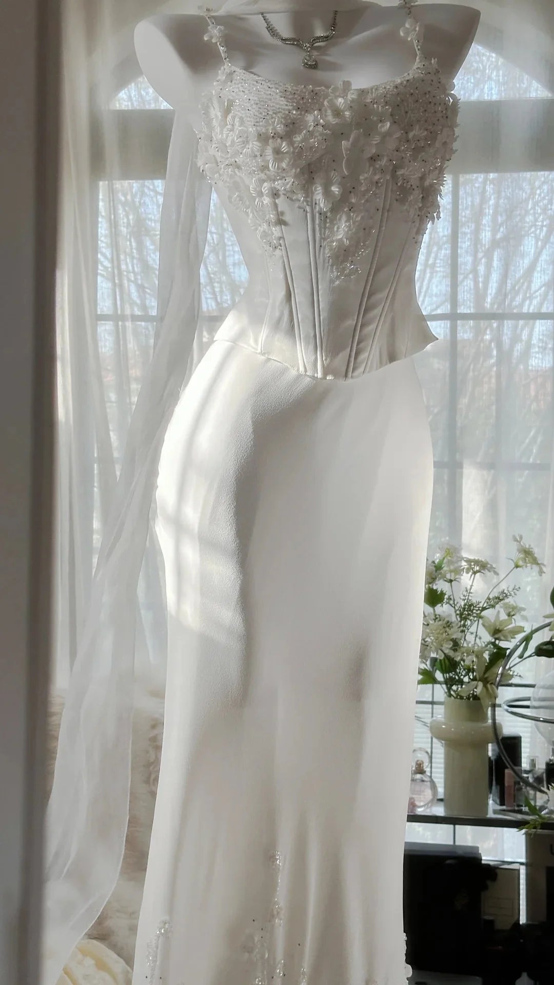 Two-Piece Spaghetti Straps Applique White Evening Dress Prom Dress