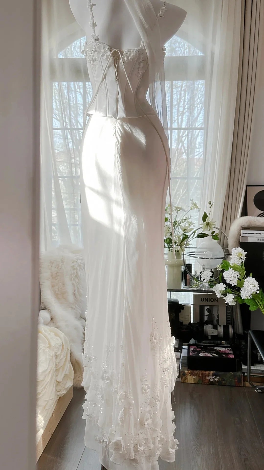 Two-Piece Spaghetti Straps Applique White Evening Dress Prom Dress