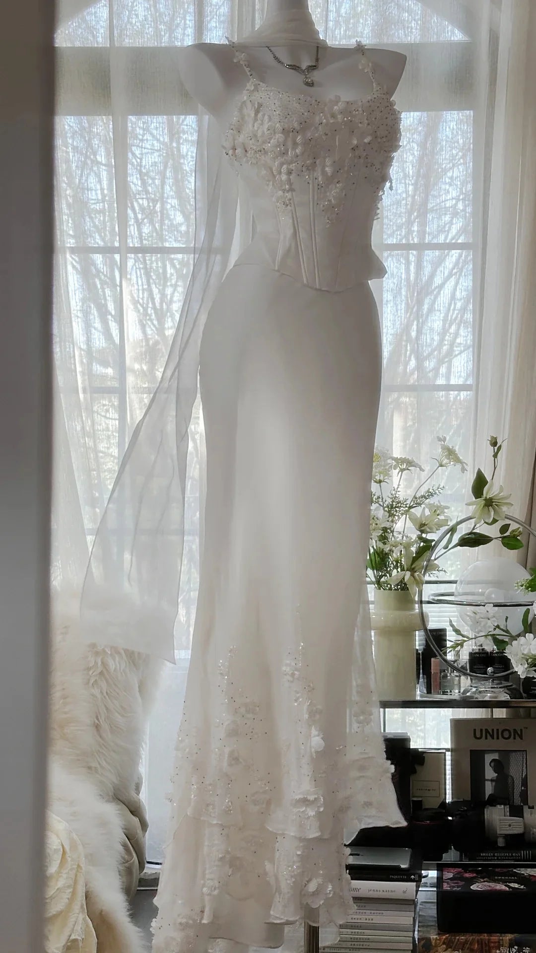 Two-Piece Spaghetti Straps Applique White Evening Dress Prom Dress
