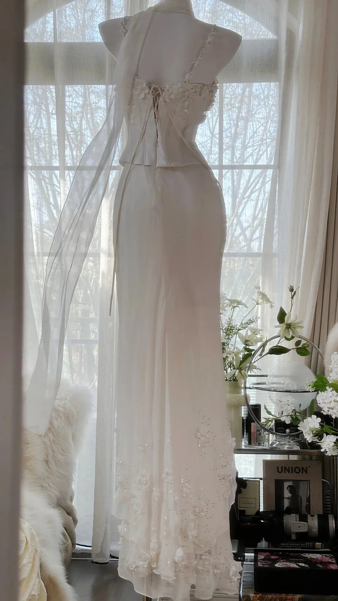 Two-Piece Spaghetti Straps Applique White Evening Dress Prom Dress