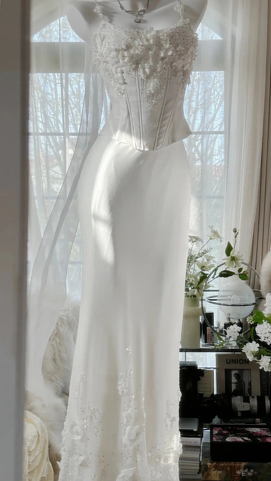 Two-Piece Spaghetti Straps Applique White Evening Dress Prom Dress