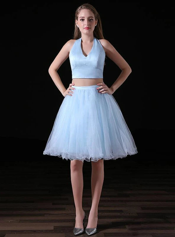 Two-Piece A-Line Halter V-Neck Tulle Light Blue Short Homecoming Dress For Ladies