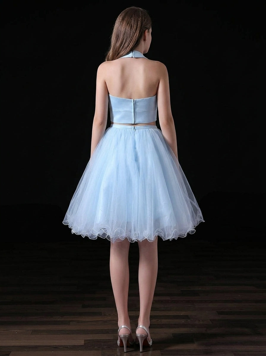 Two-Piece A-Line Halter V-Neck Tulle Light Blue Short Homecoming Dress For Ladies