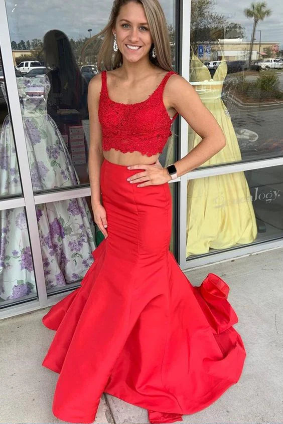 Two-piece U Neck Tie Floral Lace Satin Red Long Prom Dress