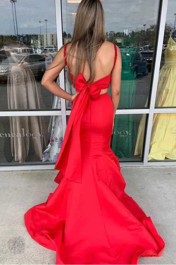 Two-piece U Neck Tie Floral Lace Satin Red Long Prom Dress