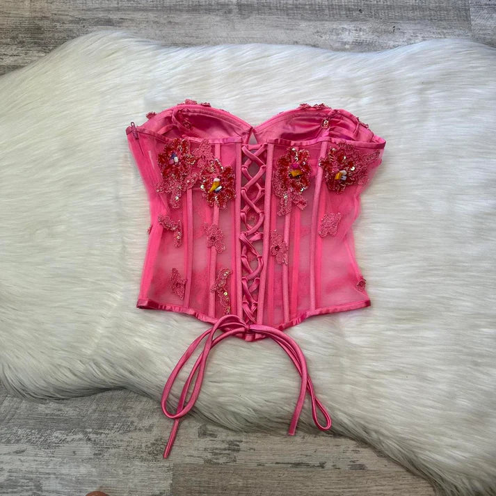 Two Piece Beaded Applique Chiffon Hot Pink Maxi Vacation Party Dress