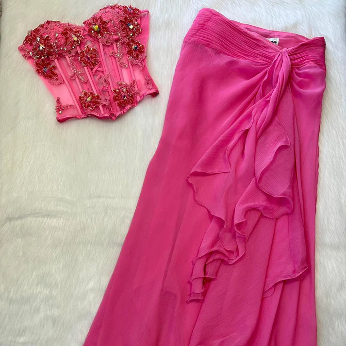 Two Piece Beaded Applique Chiffon Hot Pink Maxi Vacation Party Dress