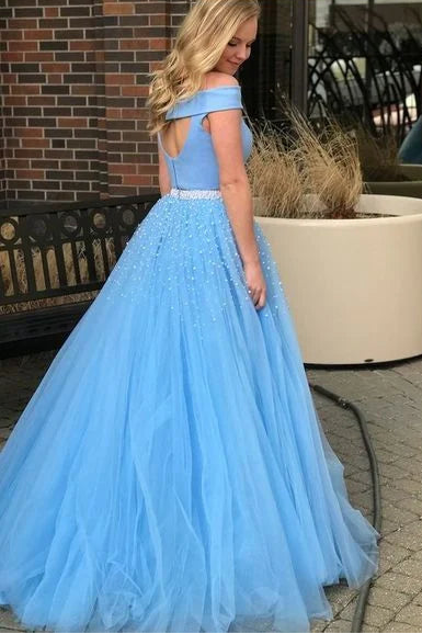 Two Piece Off-the-Shoulder Keyhole Cutout Tulle Blue Prom Dress With Beaded
