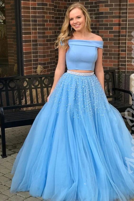 Two Piece Off-the-Shoulder Keyhole Cutout Tulle Blue Prom Dress With Beaded