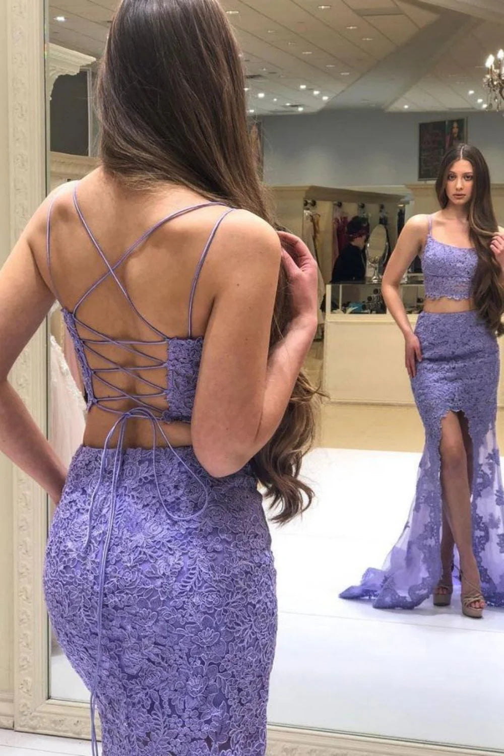 Two Piece Spaghetti Straps Applique Lace Lavender Long Prom Dress