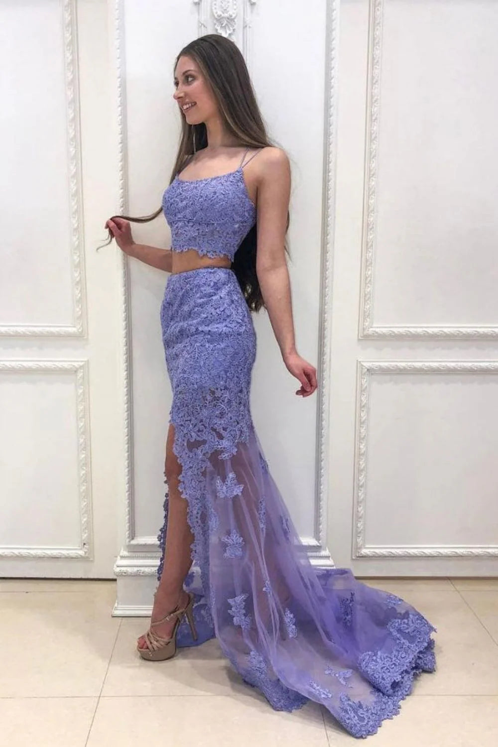 Two Piece Spaghetti Straps Applique Lace Lavender Long Prom Dress