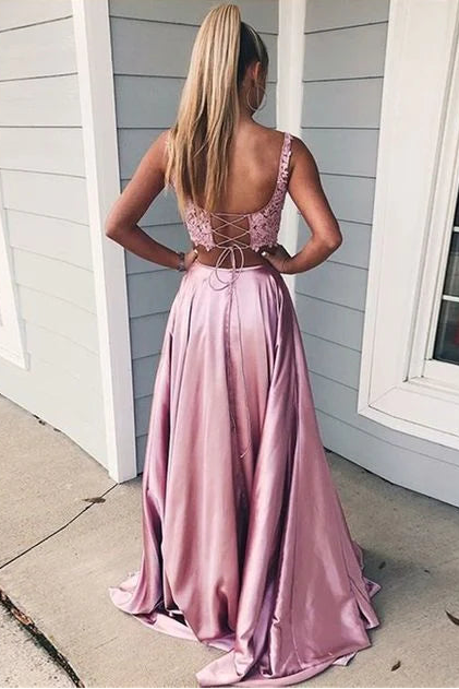 Two Piece Square Neck Split Lace-Up Lace Pink Prom Dress With Pockets
