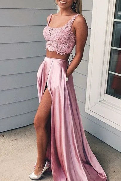 Two Piece Square Neck Split Lace-Up Lace Pink Prom Dress With Pockets