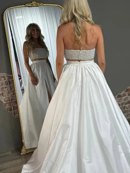 Two Piece Strapless Beaded Sequins Satin White Long Prom Dress With Slit